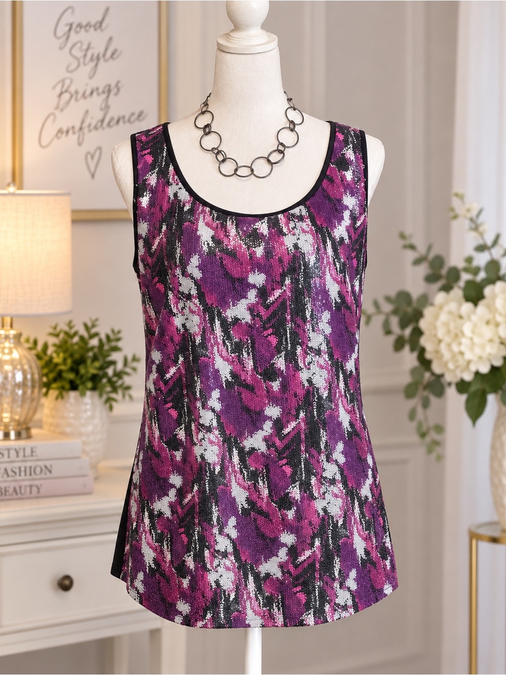 Style & Co. Sleeveless Abstract Print Tank Top in Magenta, Black and White